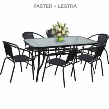 Jedálenský stôl PASTER je vhodný do záhrady alebo na terasu. Stabilitu mu zaisťuje pevná oceľová konštrukcia v čiernej farbe. Horná doska je vyrobená z tvrdeného skla a predpripravená na osadenie slnečníka. Použitý materiál je nenáročný na údržbu. Konštrukcia je pevná a zabezpečuje stabilitu. Za…