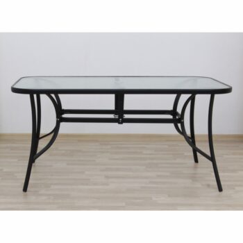 Jedálenský stôl PASTER je vhodný do záhrady alebo na terasu. Stabilitu mu zaisťuje pevná oceľová konštrukcia v čiernej farbe. Horná doska je vyrobená z tvrdeného skla a predpripravená na osadenie slnečníka. Použitý materiál je nenáročný na údržbu. Konštrukcia je pevná a zabezpečuje stabilitu. Za…