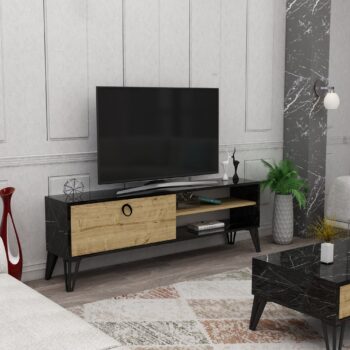 TV stolík PERTH – Moderný a praktický doplnok do vašej obývačkyTV stolík PERTH je perfektnou voľbou pre tých, ktorí hľadajú štýlový a funkčný nábytok do svojej obývačky. Vďaka kombinácii plného dvierka a regálku ponúka praktický úložný priestor pre elektroniku, káble alebo dekorácie. Jeho moderný dizajn a možnosť pripevnenia na stenu z neho robia všestranný doplnok do každého interiéru.Hlavné vlastnosti produktu:Typ tovaru: TV stolíkVhodné do miestnosti: Obývacia izbaMateriál: Melamín, VT laminátRozmery: 53 x 150 x 29.6 cmFarba: Dub + čiernaVybavenie: Plné dvierka a regálokPočet dvierok: 1Hrúbka materiálu: 18 mmDodatočné informácie: Dodávame v demonte, možno pripevniť na stenuStolček PERTH ponúka nielen elegantný vzhľad, ale aj praktické riešenie pre organizáciu a usporiadanie vášho obývacieho priestoru. Jeho kvalitné spracovanie a možnosť pripevnenia na stenu zaisťujú, že bude nielen krásny, ale aj funkčný. Zaobstarajte si TV stolík PERTH a dodajte svojmu interiéru moderný a praktický prvok!
