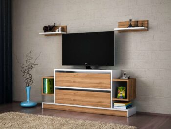 Predstavujeme POWER, obývaciu stenu, ktorá prináša do vašej obývačky eleganciu a moderný dizajn. Táto štýlová zostava v kombinácii bielej a orechovej farby je navrhnutá tak, aby poskytovala praktické a estetické riešenie pre vaše multimediálne zariadenia a ďalšie potreby.Detailné špecifikácieTyp tovaru: Obývacia stenaMateriál: Kvalitná LTD s hrúbkou materiálu 18 mm, zaisťujúca odolnosť a dlhú životnosť.Rozmery:TV stolík: 134 x 29.5 x 57.5 cm2x nástenná polica: 40 x 14.5 x 14.5 cmFarba: Elegantná kombinácia bielej a orechovej, ktorá dodáva priestoru moderný a príjemný vzhľad.Vybavenie: Regálka poskytujúca dostatok úložného priestoru pre elektroniku, knihy alebo dekorácie.Dodatočné informácie: Produkt je dodávaný v demontovanom stave, čo uľahčuje transport a montáž.Obývacia stena POWER je ideálnou voľbou pre tých, ktorí hľadajú moderný a funkčný nábytok s elegantným vzhľadom. Jej kombinácia bielej a orechovej farby a minimalistický dizajn prinášajú do vášho domova sviežosť a moderný štýl, zatiaľ čo poskytujú dostatok úložného priestoru pre všetky vaše potreby.
