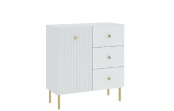 Ak hľadáte originálny nábytok do svojho interiéru, nábytok PRADY je perfektnou voľbou. Nábytok má estetický dekor frézovaných dverí, minimalistické úchytky a vysoké nožičky, čím úchváti nejedného zákazníka, ktorý má rád eleganciu a štýlovosť.Komoda je vyrobená z kvalitných LTD dosiek, ktoré sú nenáročné na údržbu. Nožičky sú kovové. Komoda je jednodverová, s tromi zásuvkami.Farba: biela, zlatý úchyt.Rozmery:šírka: 91 cmvýška: 98 cmhĺbka: 42 cm.V našej ponuke nájdete aj ďalšie prvky PRADY.Dodávame v demontovanom stave.