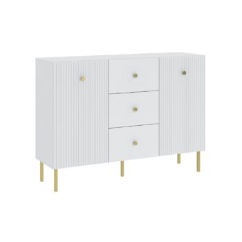 Ak hľadáte originálny nábytok do svojho interiéru, nábytok PRADY je perfektnou voľbou. Nábytok má estetický dekor frézovaných dverí, minimalistické úchytky a vysoké nožičky, čím úchváti nejedného zákazníka, ktorý má rád eleganciu a štýlovosť.Komoda je vyrobená z kvalitných LTD dosiek, ktoré sú nenáročné na údržbu. Nožičky sú kovové. Komoda je dvojdverová, s tromi zásuvkami.Farba: biela, zlatý úchyt.Rozmery:šírka: 135 cmvýška: 98 cmhĺbka: 42 cm.V našej ponuke nájdete aj ďalšie prvky PRADY.Dodávame v demontovanom stave.