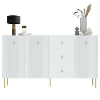 Ak hľadáte originálny nábytok do svojho interiéru, nábytok PRADY je perfektnou voľbou. Nábytok má estetický dekor frézovaných dverí, minimalistické úchytky a vysoké nožičky, čím úchváti nejedného zákazníka, ktorý má rád eleganciu a štýlovosť.Komoda je vyrobená z kvalitných LTD dosiek, ktoré sú nenáročné na údržbu. Nožičky sú kovové. Komoda je trojdverová, s tromi zásuvkami.Farba: biela, zlatý úchyt.Rozmery:šírka: 179 cmvýška: 98 cmhĺbka: 42 cm.V našej ponuke nájdete aj ďalšie prvky PRADY.Dodávame v demontovanom stave.