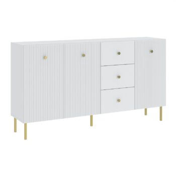 Ak hľadáte originálny nábytok do svojho interiéru, nábytok PRADY je perfektnou voľbou. Nábytok má estetický dekor frézovaných dverí, minimalistické úchytky a vysoké nožičky, čím úchváti nejedného zákazníka, ktorý má rád eleganciu a štýlovosť.Komoda je vyrobená z kvalitných LTD dosiek, ktoré sú nenáročné na údržbu. Nožičky sú kovové. Komoda je trojdverová, s tromi zásuvkami.Farba: biela, zlatý úchyt.Rozmery:šírka: 179 cmvýška: 98 cmhĺbka: 42 cm.V našej ponuke nájdete aj ďalšie prvky PRADY.Dodávame v demontovanom stave.