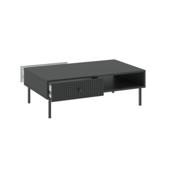 Ak hľadáte originálny nábytok do svojho interiéru, nábytok PRADY je perfektnou voľbou. Nábytok má estetický dekor frézovaných dverí, minimalistické úchytky a vysoké nožičky, čím úchváti nejedného zákazníka, ktorý má rád eleganciu a štýlovosť.Konferenčný stolík je vyrobený z kvalitných LTD dosiek, ktoré sú nenáročné na údržbu. Nožičky sú kovové. Disponuje dvomi zásuvkami.Farba: antracit.Rozmery:šírka: 102 cmvýška: 35 cmhĺbka: 67 cm.V našej ponuke nájdete aj ďalšie prvky PRADY.Dodávame v demontovanom stave.