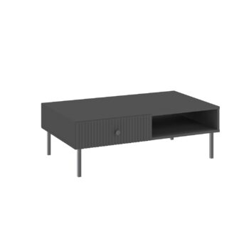 Ak hľadáte originálny nábytok do svojho interiéru, nábytok PRADY je perfektnou voľbou. Nábytok má estetický dekor frézovaných dverí, minimalistické úchytky a vysoké nožičky, čím úchváti nejedného zákazníka, ktorý má rád eleganciu a štýlovosť.Konferenčný stolík je vyrobený z kvalitných LTD dosiek, ktoré sú nenáročné na údržbu. Nožičky sú kovové. Disponuje dvomi zásuvkami.Farba: antracit.Rozmery:šírka: 102 cmvýška: 35 cmhĺbka: 67 cm.V našej ponuke nájdete aj ďalšie prvky PRADY.Dodávame v demontovanom stave.