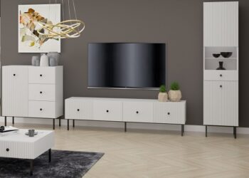 Ak hľadáte originálny nábytok do svojho interiéru, nábytok PRADY je perfektnou voľbou. Nábytok má estetický dekor frézovaných dverí, minimalistické úchytky a vysoké nožičky, čím úchváti nejedného zákazníka, ktorý má rád eleganciu a štýlovosť.Obývacia zostava je vyrobená z kvalitných LTD dosiek, ktoré sú nenáročné na údržbu. Nožičky sú kovové.Farba: biela, čierny úchyt.Obývacia stena sa skladá z týchto prvkov:Televízny stolík - rozmery (š,v,h):  180 x 48 x 42 cm,vitrína - rozmery (š,v,h):  47 x 193 x 42 cm,komoda 1D3S -  rozmery (š,v,h): 91 x 98 x 42 cm.V našej ponuke nájdete aj ďalšie prvky PRADY.Dodávame v demontovanom stave.