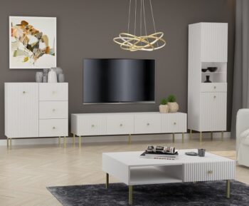 Ak hľadáte originálny nábytok do svojho interiéru, nábytok PRADY je perfektnou voľbou. Nábytok má estetický dekor frézovaných dverí, minimalistické úchytky a vysoké nožičky, čím úchváti nejedného zákazníka, ktorý má rád eleganciu a štýlovosť.Obývacia zostava je vyrobená z kvalitných LTD dosiek, ktoré sú nenáročné na údržbu. Nožičky sú kovové.Farba: biela, zlatý úchyt.Obývacia stena sa skladá z týchto prvkov:Televízny stolík - rozmery (š,v,h):  180 x 48 x 42 cm,vitrína - rozmery (š,v,h):  47 x 193 x 42 cm,komoda 1D3S -  rozmery (š,v,h): 91 x 98 x 42 cm.V našej ponuke nájdete aj ďalšie prvky PRADY.Dodávame v demontovanom stave.