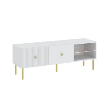 Ak hľadáte originálny nábytok do svojho interiéru, nábytok PRADY je perfektnou voľbou. Nábytok má estetický dekor frézovaných dverí, minimalistické úchytky a vysoké nožičky, čím úchváti nejedného zákazníka, ktorý má rád eleganciu a štýlovosť.Televízny stolík je vyrobený z kvalitných LTD dosiek, ktoré sú nenáročné na údržbu. Nožičky sú kovové. Stolík má jedny výklopné dvierka a jednu presklenú policu.Farba: biela, zlatý úchyt.Rozmery:šírka: 135 cmvýška: 48 cmhĺbka: 42 cm.V našej ponuke nájdete aj ďalšie prvky PRADY.Dodávame v demontovanom stave.