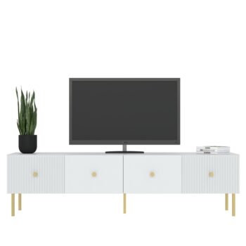 Ak hľadáte originálny nábytok do svojho interiéru, nábytok PRADY je perfektnou voľbou. Nábytok má estetický dekor frézovaných dverí, minimalistické úchytky a vysoké nožičky, čím úchváti nejedného zákazníka, ktorý má rád eleganciu a štýlovosť.Televízny stolík je vyrobený z kvalitných LTD dosiek, ktoré sú nenáročné na údržbu. Nožičky sú kovové. Stolík má dvoje  výklopné dvierka.Farba: biela, zlatý úchyt.Rozmery:šírka: 180 cmvýška: 48 cmhĺbka: 42 cm.V našej ponuke nájdete aj ďalšie prvky PRADY.Dodávame v demontovanom stave.