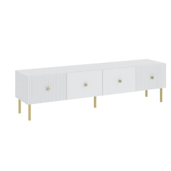 Ak hľadáte originálny nábytok do svojho interiéru, nábytok PRADY je perfektnou voľbou. Nábytok má estetický dekor frézovaných dverí, minimalistické úchytky a vysoké nožičky, čím úchváti nejedného zákazníka, ktorý má rád eleganciu a štýlovosť.Televízny stolík je vyrobený z kvalitných LTD dosiek, ktoré sú nenáročné na údržbu. Nožičky sú kovové. Stolík má dvoje  výklopné dvierka.Farba: biela, zlatý úchyt.Rozmery:šírka: 180 cmvýška: 48 cmhĺbka: 42 cm.V našej ponuke nájdete aj ďalšie prvky PRADY.Dodávame v demontovanom stave.