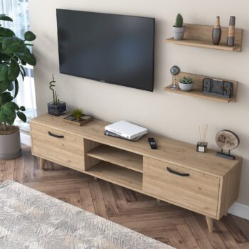 Obývacia stena PRISM – štýlová elegancia pre vašu obývaciu izbuObývacia stena PRISM prináša do vašej obývačky moderný a funkčný dizajn. Elegantné prevedenie v dekore orecha vytvára útulnú atmosféru, zatiaľ čo praktické usporiadanie ponúka dostatok priestoru pre vaše multimediálne zariadenia a dekorácie.Zostava obsahuje:TV stolík: rozmery 180 x 35 x 48,3 cm – priestranný a stabilný, ideálny pre televíziu a ďalšie zariadenia.2 nástenné police: rozmery 60 x 13 x 15 cm – skvelé pre knihy, dekorácie alebo drobnosti.Hlavné vlastnosti obývacej steny PRISM:Materiál: melamín a VT laminát – odolný povrch, ktorý je ľahko udržiavateľný.Rozmery: 48,3 x 180 x 35 cm – kompaktné, ale praktické riešenie pre váš obývací priestor.Farba: elegantný orech, ktorý ladí s modernými aj klasickými interiérmi.Hrúbka materiálu: 18 mm – pevná a stabilná konštrukcia.Možnosť pripevnenia k stene pre vyššiu bezpečnosť a stabilitu.Dodávame v demontovanom stave s prehľadným montážnym návodom.Obývacia stena PRISM je navrhnutá tak, aby spĺňala všetky vaše potreby. Ponúka dostatok priestoru pre vaše zariadenie a osobné predmety, pričom zlepšuje estetiku vašej obývačky.Dodajte svojej obývačke štýl a praktickosť s obývacou stenou PRISM – ideálna voľba pre modernú domácnosť!