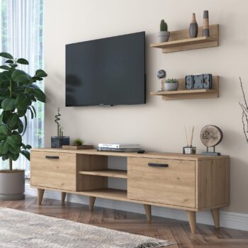 Obývacia stena PRISM – štýlová elegancia pre vašu obývaciu izbuObývacia stena PRISM prináša do vašej obývačky moderný a funkčný dizajn. Elegantné prevedenie v dekore orecha vytvára útulnú atmosféru, zatiaľ čo praktické usporiadanie ponúka dostatok priestoru pre vaše multimediálne zariadenia a dekorácie.Zostava obsahuje:TV stolík: rozmery 180 x 35 x 48,3 cm – priestranný a stabilný, ideálny pre televíziu a ďalšie zariadenia.2 nástenné police: rozmery 60 x 13 x 15 cm – skvelé pre knihy, dekorácie alebo drobnosti.Hlavné vlastnosti obývacej steny PRISM:Materiál: melamín a VT laminát – odolný povrch, ktorý je ľahko udržiavateľný.Rozmery: 48,3 x 180 x 35 cm – kompaktné, ale praktické riešenie pre váš obývací priestor.Farba: elegantný orech, ktorý ladí s modernými aj klasickými interiérmi.Hrúbka materiálu: 18 mm – pevná a stabilná konštrukcia.Možnosť pripevnenia k stene pre vyššiu bezpečnosť a stabilitu.Dodávame v demontovanom stave s prehľadným montážnym návodom.Obývacia stena PRISM je navrhnutá tak, aby spĺňala všetky vaše potreby. Ponúka dostatok priestoru pre vaše zariadenie a osobné predmety, pričom zlepšuje estetiku vašej obývačky.Dodajte svojej obývačke štýl a praktickosť s obývacou stenou PRISM – ideálna voľba pre modernú domácnosť!
