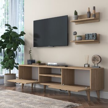 Obývacia stena PRISM – štýlová elegancia pre vašu obývaciu izbuObývacia stena PRISM prináša do vašej obývačky moderný a funkčný dizajn. Elegantné prevedenie v dekore orecha vytvára útulnú atmosféru, zatiaľ čo praktické usporiadanie ponúka dostatok priestoru pre vaše multimediálne zariadenia a dekorácie.Zostava obsahuje:TV stolík: rozmery 180 x 35 x 48,3 cm – priestranný a stabilný, ideálny pre televíziu a ďalšie zariadenia.2 nástenné police: rozmery 60 x 13 x 15 cm – skvelé pre knihy, dekorácie alebo drobnosti.Hlavné vlastnosti obývacej steny PRISM:Materiál: melamín a VT laminát – odolný povrch, ktorý je ľahko udržiavateľný.Rozmery: 48,3 x 180 x 35 cm – kompaktné, ale praktické riešenie pre váš obývací priestor.Farba: elegantný orech, ktorý ladí s modernými aj klasickými interiérmi.Hrúbka materiálu: 18 mm – pevná a stabilná konštrukcia.Možnosť pripevnenia k stene pre vyššiu bezpečnosť a stabilitu.Dodávame v demontovanom stave s prehľadným montážnym návodom.Obývacia stena PRISM je navrhnutá tak, aby spĺňala všetky vaše potreby. Ponúka dostatok priestoru pre vaše zariadenie a osobné predmety, pričom zlepšuje estetiku vašej obývačky.Dodajte svojej obývačke štýl a praktickosť s obývacou stenou PRISM – ideálna voľba pre modernú domácnosť!