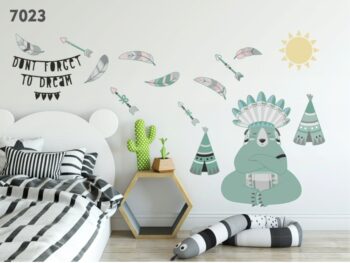 Pastelovo zelená nálepka na stenu medveď indián 100 x 200 cm