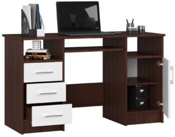 Písací stôl ANNA124: Harmónia wenge a biele v modernom dizajne Objavte kombináciu elegancie a praktickosti s ANNA124. Tento písací stôl predstavuje dokonalú symbiózu temného wenge a sviežej bielej, čím dodáva sofistikovaný nádych akémukoľvek priestoru.  Typ tovaru: Písací stôl Vhodné do miestnosti: Detská izba, kancelária, pracovňa Materiál: LTD Rozmer: 74 x 124 x 52 cm Farba: Wenge + biela Vybavenie: 3 zásuvky a výsuvná doska na klávesnici Počet políc: 5  Vybavený tromi priestrannými zásuvkami a piatimi funkciami políc, ANNA124 ponúka dostatok úložného priestoru pre všetky vaše potreby . Výsuvná doska na klávesnici zvyšuje pohodlie a ergonómiu. Či už plánujete zariadiť detskú izbu alebo pracovňu, tento stôl bude nielen praktickým, ale aj vizuálne atraktívnym doplnkom vášho interiéru.