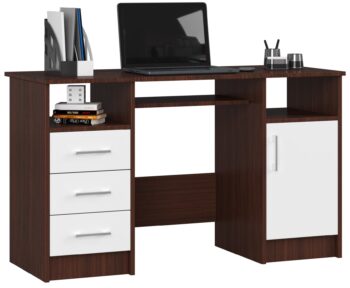 Písací stôl ANNA124: Harmónia wenge a biele v modernom dizajne Objavte kombináciu elegancie a praktickosti s ANNA124. Tento písací stôl predstavuje dokonalú symbiózu temného wenge a sviežej bielej, čím dodáva sofistikovaný nádych akémukoľvek priestoru.  Typ tovaru: Písací stôl Vhodné do miestnosti: Detská izba, kancelária, pracovňa Materiál: LTD Rozmer: 74 x 124 x 52 cm Farba: Wenge + biela Vybavenie: 3 zásuvky a výsuvná doska na klávesnici Počet políc: 5  Vybavený tromi priestrannými zásuvkami a piatimi funkciami políc, ANNA124 ponúka dostatok úložného priestoru pre všetky vaše potreby . Výsuvná doska na klávesnici zvyšuje pohodlie a ergonómiu. Či už plánujete zariadiť detskú izbu alebo pracovňu, tento stôl bude nielen praktickým, ale aj vizuálne atraktívnym doplnkom vášho interiéru.