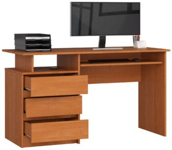 Písací stôl PEPA135: Elegantný stôl s praktickým dizajnom Zoznámte sa s PEPA135, dokonale vybaveným písacím stolom, ktorý kombinuje funkcionalitu s estetickým dizajnom. Jeho teplý tón jelša pridá punc elegancie do akéhokoľvek priestoru, či už je to detská izba, kancelária alebo pracovňa.  Typ tovaru: Písací stôl Vhodné do miestnosti: Detská izba, kancelária, pracovňa Materiál: LTD Rozmer: 77 x 135 x 60 cm Farba: Jelša Vybavenie: 3 zásuvky a výsuvná doska na klávesnici Počet políc: 2  Stôl PEPA135 ponúka dostatočne priestornú pracovnú plochu s doplnkovými funkciami, ako je výsuvná doska na klávesnici a tromi zásuvkami na uskladnenie všetkých vašich potrebných kancelárskych potrieb. Dve police poskytujú dodatočný priestor na usporiadanie kníh, dokumentov alebo dekoratívnych predmetov. Objavte dokonalú kombináciu štýlu a praktickosti so stolom PEPA135!