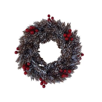 Plastový veniec s námrazou, šišky a červenébobule, d. 26 cm