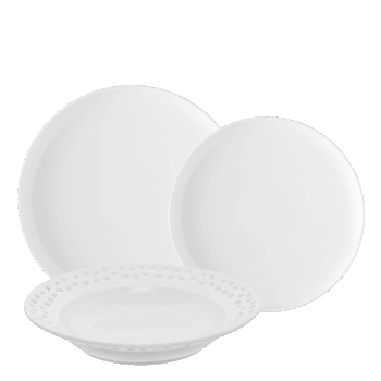 Riadite sa heslom „v jednoduchosti je krása“, ale zároveň nechcete, aby jednoduchosť ubrala na elegancii? Potom vás očarí 18 ks porcelánový set z línie Gaya Atelier, ktorý v sebe spája nadčasový dizajn a prémiovú kvalitu. Univerzálne prevedenie bielych dezertných a plytkých tanierov dopĺňa elegantný perforovaný porcelán, ktorý dodá stolovaniu moderný šmrnc. Skvele sa hodí napríklad so zlatým príborom. Set obsahuje: 6x hlboký perforovaný tanier 23 cm 6x plytký tanier 25 cm 6x dezertný tanier
