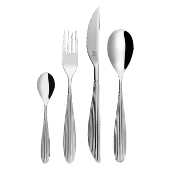 Príbor Eco Light II z línie Platinum Line zaujme svojím jemným a moderným dizajnom. Hladké, pruhované rúčky dodávajú súprave dynamický vzhľad, ktorý pôsobí elegantne a zároveň nadčasovo. Ručne vyrobené kusy sú ľahké, no pevné, ideálne pre každodenné používanie aj špeciálne príležitosti. Eco Light II vnesie na váš stôl šarm a dokonalú harmóniu. Set obsahuje: 6× lyžica 6× vidlička 6× nôž 6× kávová lyžička