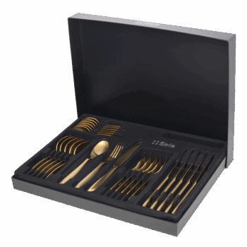 PVD vo farbe zlatej Zaujímavý zlatý príborový set Gaya s ergonomickým dizajnom a matnou úpravou. Vhodný do moderného interiéru. Set obsahuje: - 6x lyžica - 6x nôž - 6x vidlička - 6x lyžička na kávu