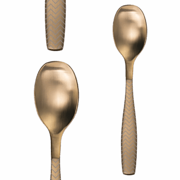 Príborový set Gaya Gold je charakteristický svojou výraznou zlatou farbou. Upúta hranatým tvarmi a ergonomickým dizajnom. Príbor zdobí zaujímavý laserový gravír s motívom Chevron. Je ideálnou voľbou nielen do moderného interiéru, ale aj do kuchyne s extravagantným vybavením. Set obsahuje: 6× lyžica 6× vidlička 6× nôž 6× kávová lyžička
