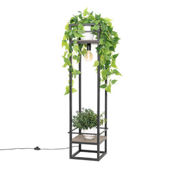 Priemyselná stojaca lampa čierna s drevenými prvkami - Cage Rack