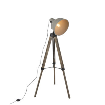 Priemyselná stojaca lampa na drevenom trojnohom stojane s sivým tienidlom - Laos