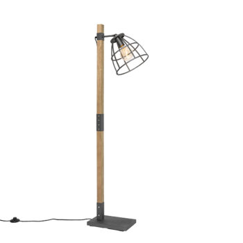 Priemyselná stojaca lampa tmavosivá s drevenými prvkami - Arthur