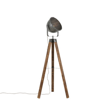 Priemyselná stojaca lampa trojnožka oceľ s dreveným sklonom - Emado