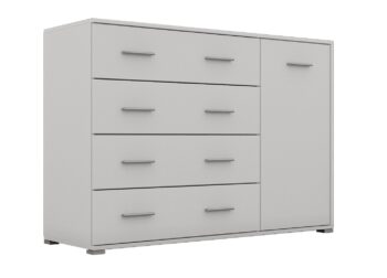 Kombinovaná komoda RADAN 1D4S je funkčný a moderný nábytok vhodný do každého interiéru. Táto komoda je vyrobená z LTD laminovaného materiálu. Farba nymfea alba dodáva komode príjemný a elegantný vzhľad. Komoda disponuje dvierkami za ktorými sú dve police a štyrmi zásuvkami.Rozmery komody: Š135 / V95 / H45 cm. Podrobné rozmery v nákrese.Súčasťou sú aj uchytky, ktoré umožňujú pohodlné otváranie a zatváranie dverí a zásuviek. Táto kombinovaná komoda je skvelou voľbou pre tých, ktorí hľadajú praktický a moderný nábytok do svojho obývacieho priestoru.Komoda je dodávaná v demonte, čo umožňuje jednoduchú montáž doma. 