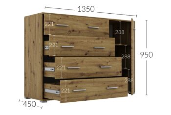 Kombinovaná komoda RADAN 1D4S je funkčný a moderný nábytok vhodný do každého interiéru. Táto komoda je vyrobená z LTD laminovaného materiálu. Farba dub Artisan dodáva komode príjemný a elegantný vzhľad. Komoda disponuje dvierkami za ktorými sú dve police a štyrmi zásuvkami.Rozmery komody: Š135 / V95 / H45 cm. Podrobné rozmery v nákrese.Súčasťou sú aj uchytky, ktoré umožňujú pohodlné otváranie a zatváranie dverí a zásuviek. Táto kombinovaná komoda je skvelou voľbou pre tých, ktorí hľadajú praktický a moderný nábytok do svojho obývacieho priestoru.Komoda je dodávaná v demonte, čo umožňuje jednoduchú montáž doma. 