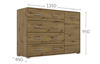 Kombinovaná komoda RADAN 1D4S je funkčný a moderný nábytok vhodný do každého interiéru. Táto komoda je vyrobená z LTD laminovaného materiálu. Farba dub Artisan dodáva komode príjemný a elegantný vzhľad. Komoda disponuje dvierkami za ktorými sú dve police a štyrmi zásuvkami.Rozmery komody: Š135 / V95 / H45 cm. Podrobné rozmery v nákrese.Súčasťou sú aj uchytky, ktoré umožňujú pohodlné otváranie a zatváranie dverí a zásuviek. Táto kombinovaná komoda je skvelou voľbou pre tých, ktorí hľadajú praktický a moderný nábytok do svojho obývacieho priestoru.Komoda je dodávaná v demonte, čo umožňuje jednoduchú montáž doma. 