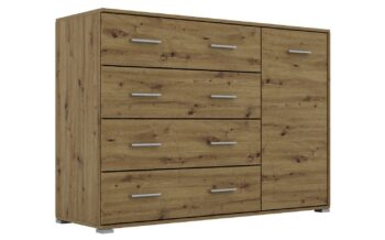 Kombinovaná komoda RADAN 1D4S je funkčný a moderný nábytok vhodný do každého interiéru. Táto komoda je vyrobená z LTD laminovaného materiálu. Farba dub Artisan dodáva komode príjemný a elegantný vzhľad. Komoda disponuje dvierkami za ktorými sú dve police a štyrmi zásuvkami.Rozmery komody: Š135 / V95 / H45 cm. Podrobné rozmery v nákrese.Súčasťou sú aj uchytky, ktoré umožňujú pohodlné otváranie a zatváranie dverí a zásuviek. Táto kombinovaná komoda je skvelou voľbou pre tých, ktorí hľadajú praktický a moderný nábytok do svojho obývacieho priestoru.Komoda je dodávaná v demonte, čo umožňuje jednoduchú montáž doma. 