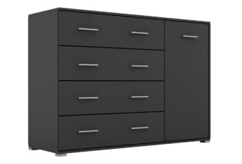 Kombinovaná komoda RADAN 1D4S je funkčný a moderný nábytok vhodný do každého interiéru. Táto komoda je vyrobená z LTD laminovaného materiálu. Farba grafit dodáva komode príjemný a elegantný vzhľad. Komoda disponuje dvierkami za ktorými sú dve police a štyrmi zásuvkami.Rozmery komody: Š135 / V95 / H45 cm. Podrobné rozmery v nákrese.Súčasťou sú aj uchytky, ktoré umožňujú pohodlné otváranie a zatváranie dverí a zásuviek. Táto kombinovaná komoda je skvelou voľbou pre tých, ktorí hľadajú praktický a moderný nábytok do svojho obývacieho priestoru.Komoda je dodávaná v demonte, čo umožňuje jednoduchú montáž doma. 