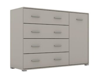 Kombinovaná komoda RADAN 1D4S je funkčný a moderný nábytok vhodný do každého interiéru. Táto komoda je vyrobená z LTD laminovaného materiálu. Farba kašmír dodáva komode príjemný a elegantný vzhľad. Komoda disponuje dvierkami za ktorými sú dve police a štyrmi zásuvkami.Rozmery komody: Š135 / V95 / H45 cm. Podrobné rozmery v nákrese.Súčasťou sú aj uchytky, ktoré umožňujú pohodlné otváranie a zatváranie dverí a zásuviek. Táto kombinovaná komoda je skvelou voľbou pre tých, ktorí hľadajú praktický a moderný nábytok do svojho obývacieho priestoru.Komoda je dodávaná v demonte, čo umožňuje jednoduchú montáž doma. 
