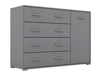 Kombinovaná komoda RADAN 1D4S je funkčný a moderný nábytok vhodný do každého interiéru. Táto komoda je vyrobená z LTD laminovaného materiálu. Farba myšacia sivá dodáva komode príjemný a elegantný vzhľad. Komoda disponuje dvierkami za ktorými sú dve police a štyrmi zásuvkami.Rozmery komody: Š135 / V95 / H45 cm. Podrobné rozmery v nákrese.Súčasťou sú aj uchytky, ktoré umožňujú pohodlné otváranie a zatváranie dverí a zásuviek. Táto kombinovaná komoda je skvelou voľbou pre tých, ktorí hľadajú praktický a moderný nábytok do svojho obývacieho priestoru.Komoda je dodávaná v demonte, čo umožňuje jednoduchú montáž doma. 