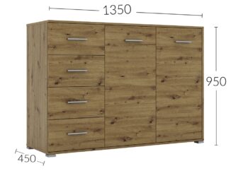 Kombinovaná komoda RADAN 2D4S je funkčný a moderný nábytok vhodný do každého interiéru. Táto komoda je vyrobená z LTD laminovaného materiálu. Farba biela nymfea alba dodáva komode príjemný a elegantný vzhľad. Komoda disponuje dvoma dvierkami za ktorými sú dve police a štyrmi zásuvkami.Rozmery komody: Š135 / V95 / H45 cm. Podrobné rozmery v nákrese.Súčasťou sú aj uchytky, ktoré umožňujú pohodlné otváranie a zatváranie dverí a zásuviek. Táto kombinovaná komoda je skvelou voľbou pre tých, ktorí hľadajú praktický a moderný nábytok do svojho obývacieho priestoru.Komoda je dodávaná v demonte, čo umožňuje jednoduchú montáž doma. 