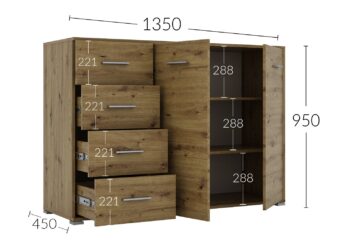 Kombinovaná komoda RADAN 2D4S je funkčný a moderný nábytok vhodný do každého interiéru. Táto komoda je vyrobená z LTD laminovaného materiálu. Farba biela nymfea alba dodáva komode príjemný a elegantný vzhľad. Komoda disponuje dvoma dvierkami za ktorými sú dve police a štyrmi zásuvkami.Rozmery komody: Š135 / V95 / H45 cm. Podrobné rozmery v nákrese.Súčasťou sú aj uchytky, ktoré umožňujú pohodlné otváranie a zatváranie dverí a zásuviek. Táto kombinovaná komoda je skvelou voľbou pre tých, ktorí hľadajú praktický a moderný nábytok do svojho obývacieho priestoru.Komoda je dodávaná v demonte, čo umožňuje jednoduchú montáž doma. 