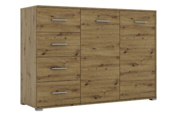 Kombinovaná komoda RADAN 2D4S je funkčný a moderný nábytok vhodný do každého interiéru. Táto komoda je vyrobená z LTD laminovaného materiálu. Farba dub Artisan dodáva komode príjemný a elegantný vzhľad. Komoda disponuje dvoma dvierkami za ktorými sú dve police a štyrmi zásuvkami.Rozmery komody: Š135 / V95 / H45 cm. Podrobné rozmery v nákrese.Súčasťou sú aj uchytky, ktoré umožňujú pohodlné otváranie a zatváranie dverí a zásuviek. Táto kombinovaná komoda je skvelou voľbou pre tých, ktorí hľadajú praktický a moderný nábytok do svojho obývacieho priestoru.Komoda je dodávaná v demonte, čo umožňuje jednoduchú montáž doma. 