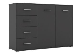 Kombinovaná komoda RADAN 2D4S je funkčný a moderný nábytok vhodný do každého interiéru. Táto komoda je vyrobená z LTD laminovaného materiálu. Farba grafit dodáva komode príjemný a elegantný vzhľad. Komoda disponuje dvoma dvierkami za ktorými sú dve police a štyrmi zásuvkami.Rozmery komody: Š135 / V95 / H45 cm. Podrobné rozmery v nákrese.Súčasťou sú aj uchytky, ktoré umožňujú pohodlné otváranie a zatváranie dverí a zásuviek. Táto kombinovaná komoda je skvelou voľbou pre tých, ktorí hľadajú praktický a moderný nábytok do svojho obývacieho priestoru.Komoda je dodávaná v demonte, čo umožňuje jednoduchú montáž doma. 