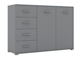 Kombinovaná komoda RADAN 2D4S je funkčný a moderný nábytok vhodný do každého interiéru. Táto komoda je vyrobená z LTD laminovaného materiálu. Farba mačacia sivá dodáva komode príjemný a elegantný vzhľad. Komoda disponuje dvoma dvierkami za ktorými sú dve police a štyrmi zásuvkami.Rozmery komody: Š135 / V95 / H45 cm. Podrobné rozmery v nákrese.Súčasťou sú aj uchytky, ktoré umožňujú pohodlné otváranie a zatváranie dverí a zásuviek. Táto kombinovaná komoda je skvelou voľbou pre tých, ktorí hľadajú praktický a moderný nábytok do svojho obývacieho priestoru.Komoda je dodávaná v demonte, čo umožňuje jednoduchú montáž doma. 