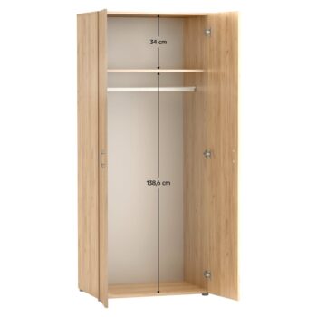 Dvojdverová šatníková skriňa Ramsa 2 je praktický a elegantný kus nábytku, ktorý ponúka dostatok úložného priestoru. Vďaka prevedeniu dub craft zlatý sa ľahko hodí do rôznych interiérov. Vyrobená je z aglomerovaného materiálu – laminovanej DTD. Pozostáva z police, ktorá sa…