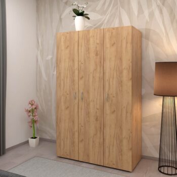 Trojdverová šatníková skriňa Ramsa 3 je praktický a elegantný kus nábytku, ktorý ponúka dostatok úložného priestoru. Vďaka prevedeniu dub craft zlatý sa ľahko hodí do rôznych interiérov. Vyrobená je z aglomerovaného materiálu – laminovanej DTD. Pozostáva z police, ktorá sa…