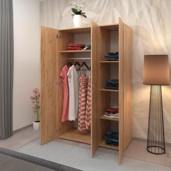 Trojdverová šatníková skriňa Ramsa 3 je praktický a elegantný kus nábytku, ktorý ponúka dostatok úložného priestoru. Vďaka prevedeniu dub craft zlatý sa ľahko hodí do rôznych interiérov. Vyrobená je z aglomerovaného materiálu – laminovanej DTD. Pozostáva z police, ktorá sa…