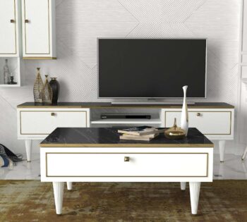 Predstavujeme RAVEN, luxusný konferenčný stolík, ktorý prináša do vašej obývačky eleganciu a moderný dizajn. Tento štýlový nábytok v kombinácii bielej a mramorovej farby je navrhnutý tak, aby poskytoval praktické a estetické riešenie pre vaše potreby.Detailné špecifikácieTyp tovaru: Konferenčný stolíkMateriál: Kvalitná LTD s hrúbkou materiálu 18 mm, zaisťujúca odolnosť a dlhú životnosť.Rozmery: 90 x 42.3 x 60 cm, ideálny pre moderné obývacie priestory.Farba: Elegantná kombinácia bielej a mramorovej, ktorá dodáva priestoru sofistikovaný vzhľad.Vybavenie: Skrinka poskytujúca dostatok úložného priestoru pre knihy, časopisy alebo dekorácie.Štýl: Luxusný, ktorý prináša do vášho interiéru sofistikovaný a elegantný prvok.Tvar: Obdĺžnikový, ktorý dodáva moderný a čistý vzhľad.Dodatočné informácie: Produkt je dodávaný v demontovanom stave, čo uľahčuje transport a montáž.Konferenčný stolík RAVEN je ideálnou voľbou pre tých, ktorí hľadajú moderný a funkčný nábytok s luxusným vzhľadom. Jeho kombinácia bielej a mramorovej farby a minimalistický dizajn prinášajú do vášho domova sviežosť a moderný štýl, zatiaľ čo poskytujú dostatok úložného priestoru pre všetky vaše potreby.