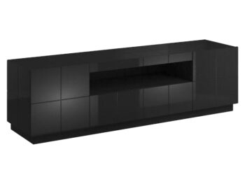 TV stolík Reja v čiernej lesklej farbe je moderným a praktickým doplnkom do každej obývačky. Tento nábytok je vyrobený z kvalitného aglomerovaného materiálu - laminovanej DTD, ktorá je známa svojou odolnosťou a dlhou životnosťou.