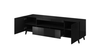 TV stolík Reja v čiernej lesklej farbe je moderným a praktickým doplnkom do každej obývačky. Tento nábytok je vyrobený z kvalitného aglomerovaného materiálu - laminovanej DTD, ktorá je známa svojou odolnosťou a dlhou životnosťou.