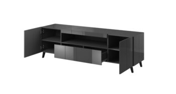 TV stolík Reja - grafit lesk je moderným doplnkom do každej obývačky. S jeho tmavou farbou a lesklým prevedením prinesie do vášho interiéru eleganciu a štýl. Tento produkt je vyrobený z kvalitného aglomerovaného materiálu, konkrétne laminovanej DTD, čo zaručuje jeho dlhú životnosť.